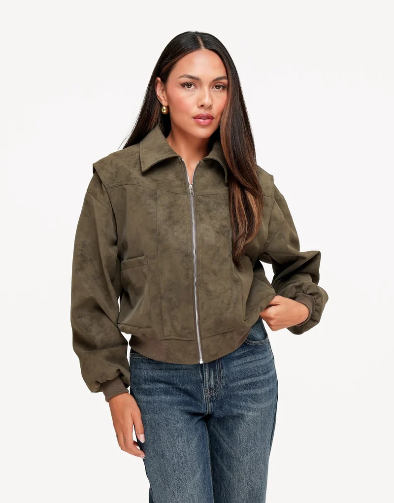 Donker Khaki PU Look Bomber - Jas