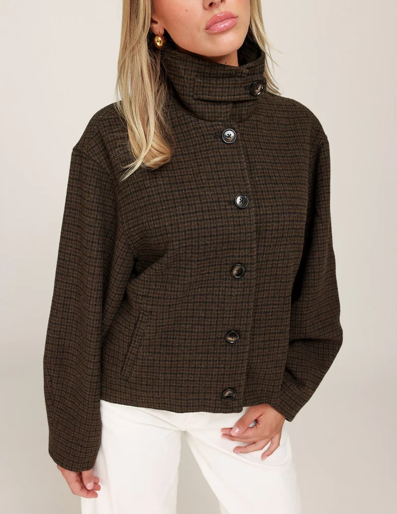 Bruine Geruiten Knoop Details - Jas