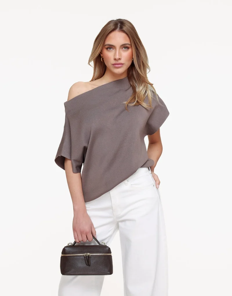Taupe Gebreide One Shoulder - Top