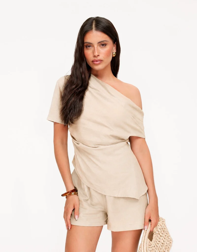 Beige Linnen Off Shoulder SS - Top