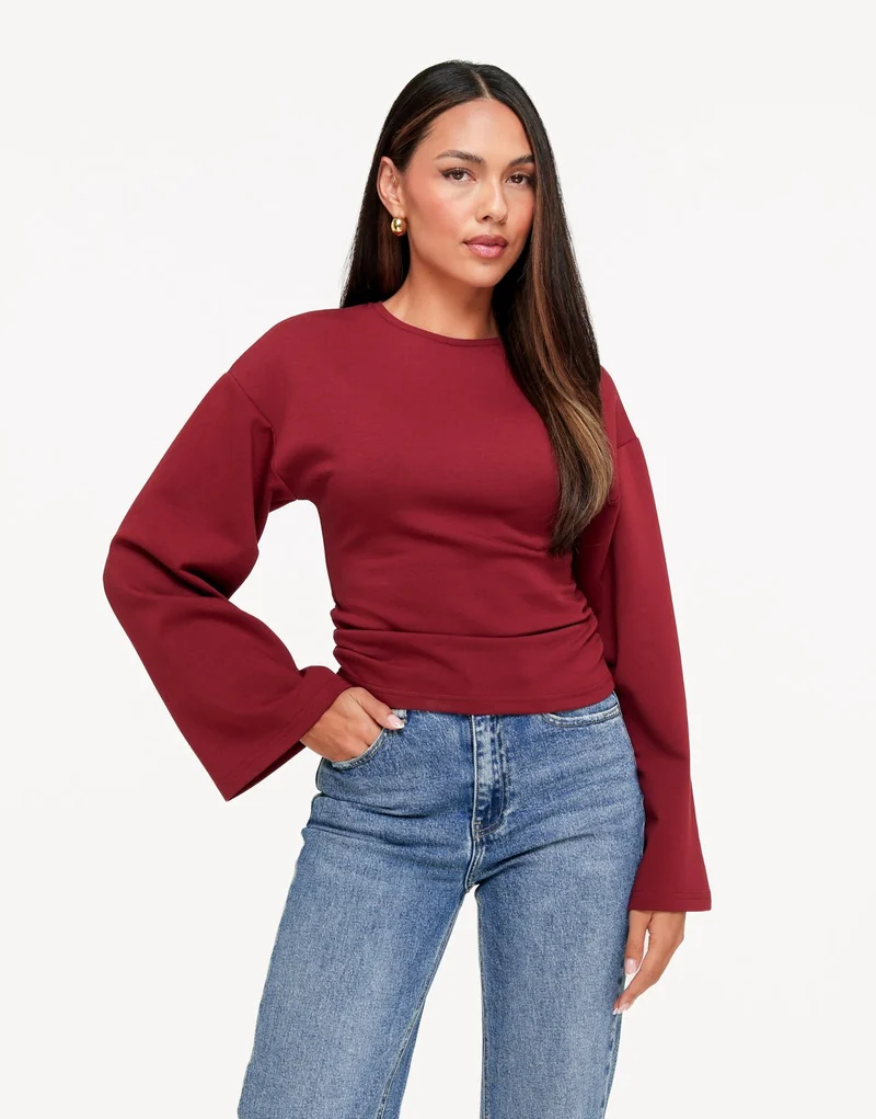 Burgundy Getailleerde Wijde Mouwen LS - Top