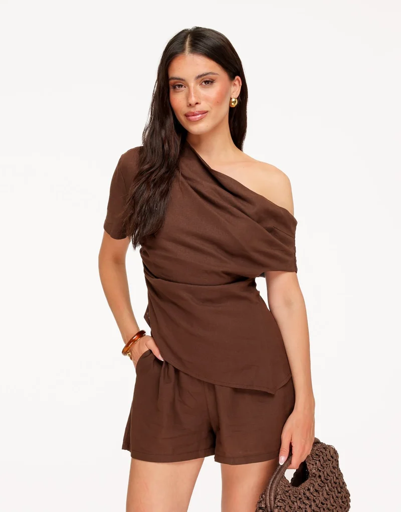 Bruine Linnen Off Shoulder Elastische Band - Set
