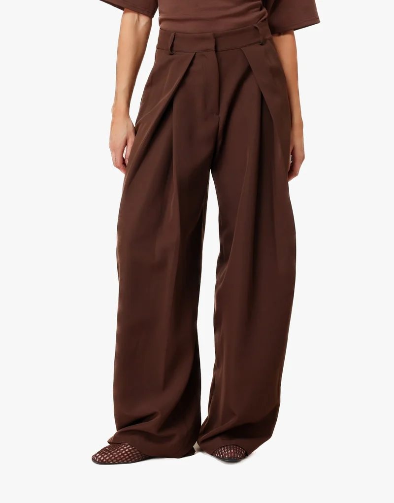 Donkerbruine Regular Wijde Ballon Plooien - Pantalon