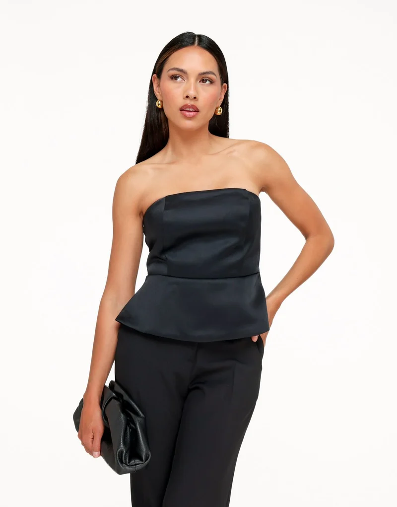 Zwarte Satijnen Strapless Peplum - Top