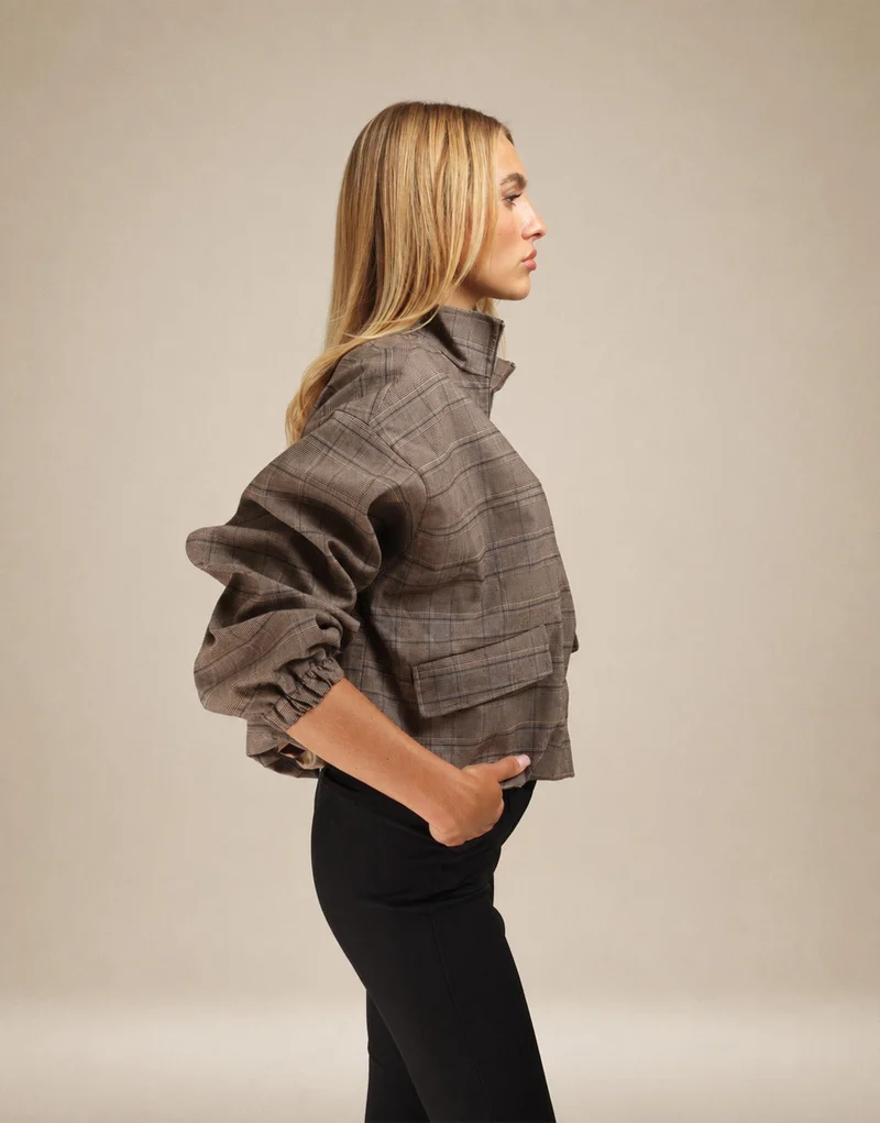 Bruine Luxe Geruiten Puffy Elastische Onderkant - Jas