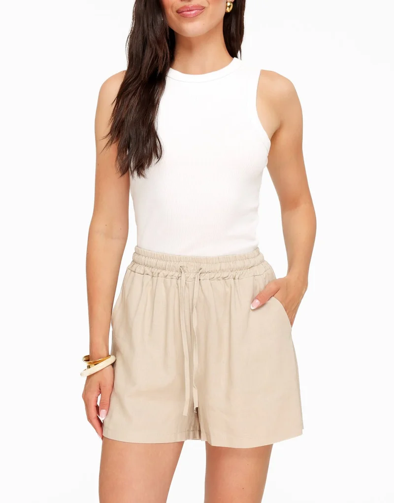 Beige Linnen Wijde Elastische Band - Short