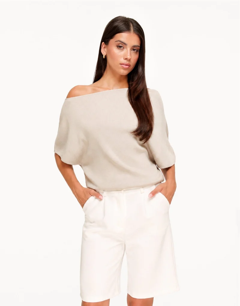 Beige Gebreide Off Shoulder - Trui