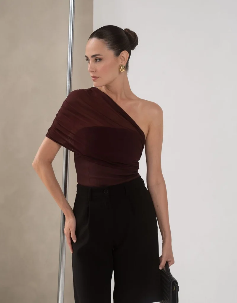 Aubergine Gedrapeerde Mesh One Shoulder - Top
