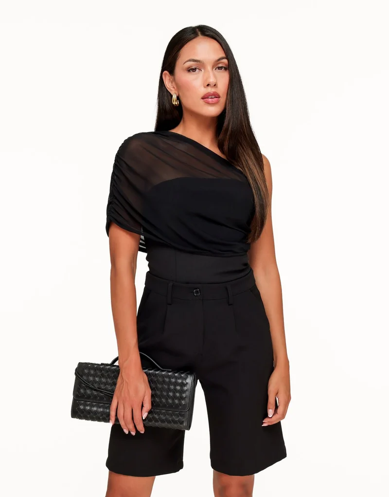 Zwarte Gedrapeerde Mesh One Shoulder - Top