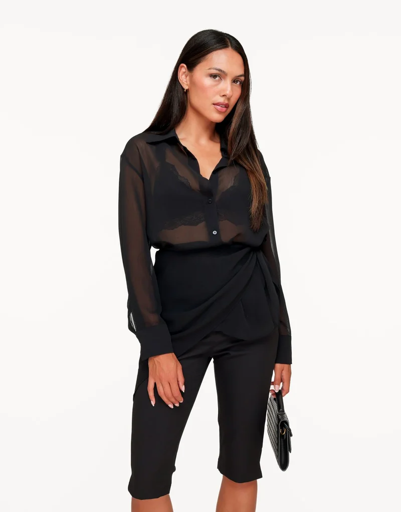 Zwarte Doorschijnende Wikkel - Blouse