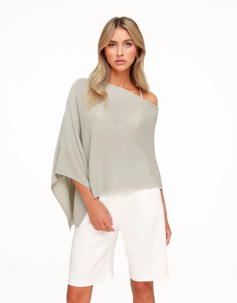 Taupe Off Shoulder Gebreide Cape - Top