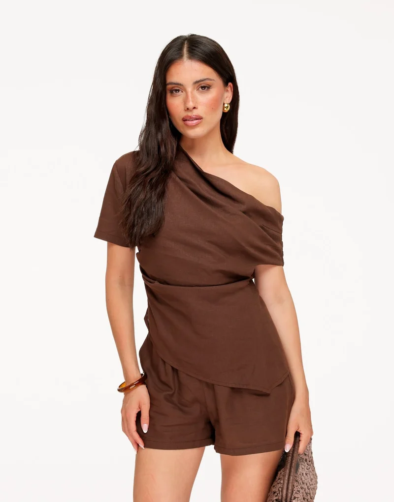 Bruine Linnen Off Shoulder SS - Top