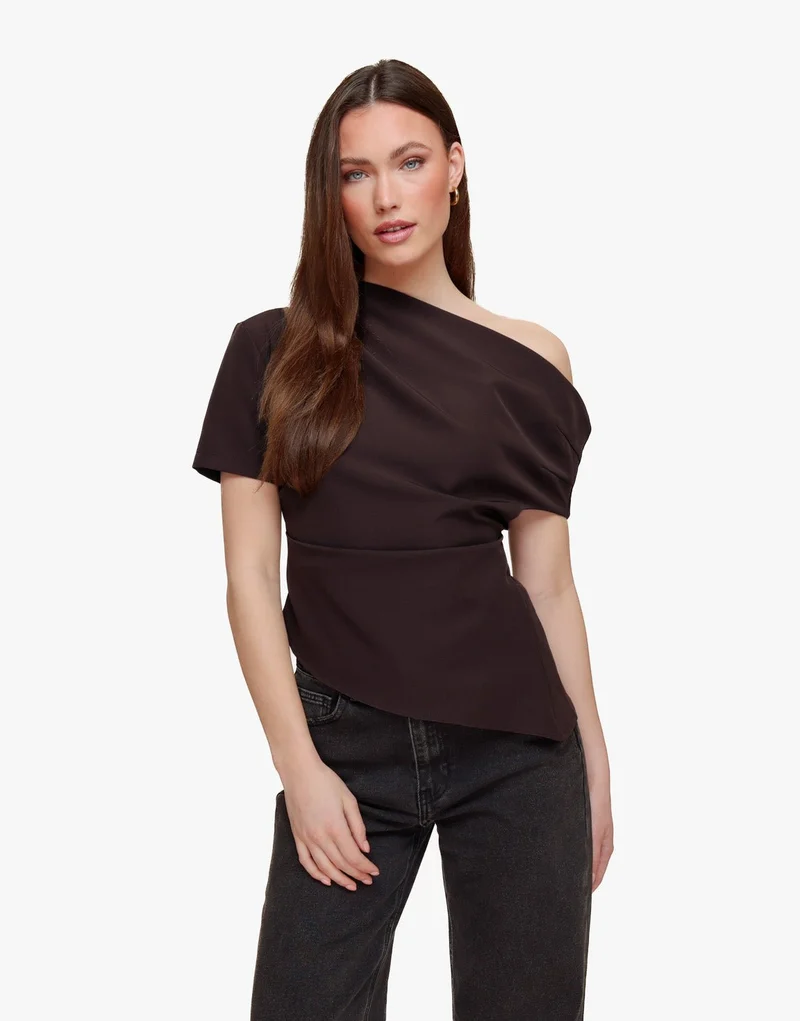 Donkerbruine Gedrapeerde Off Shoulder SS - Top