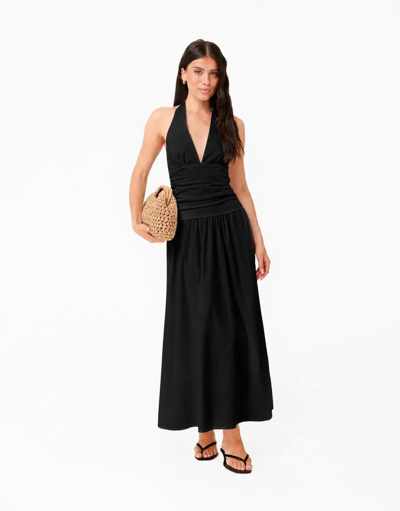 Zwarte Halter V-hals Maxi - Jurk