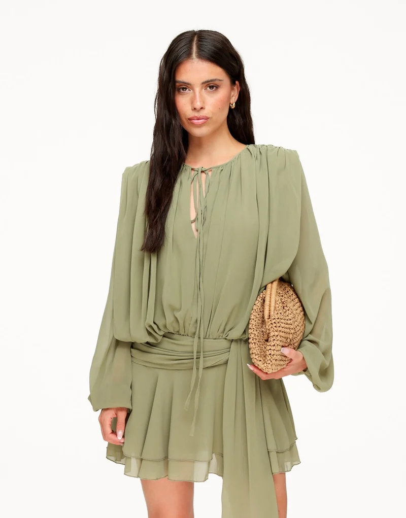 Khaki Gedrapeerde LS - Jurk