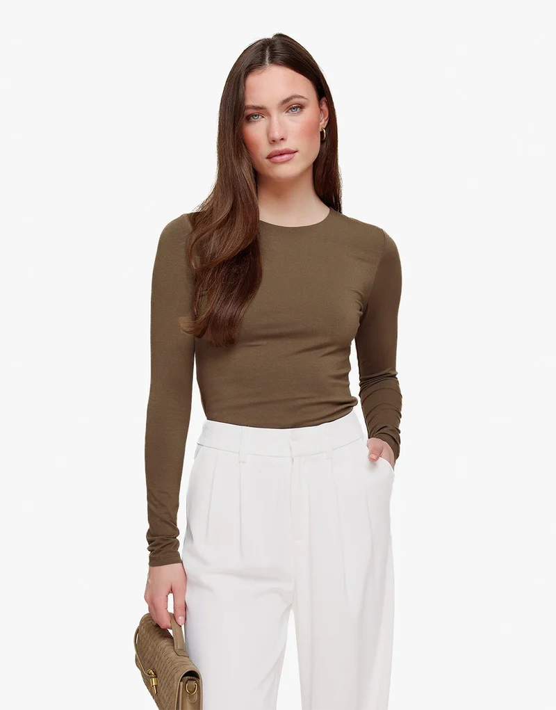 Khaki Basic LS Top + Witte Wijde Pantalon - Set