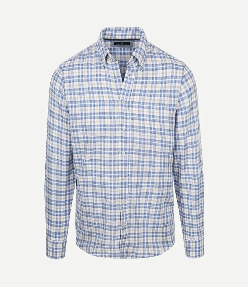 Overhemd linen cotton checks blauw sand