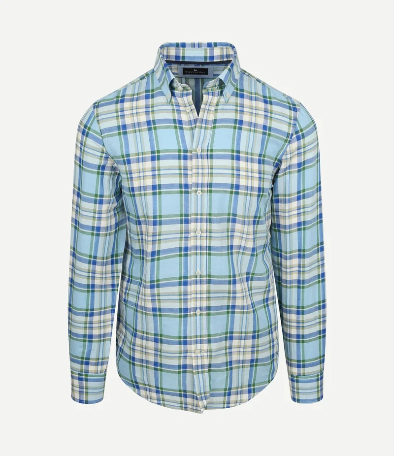 Overhemd linen cotton checks blauw groen
