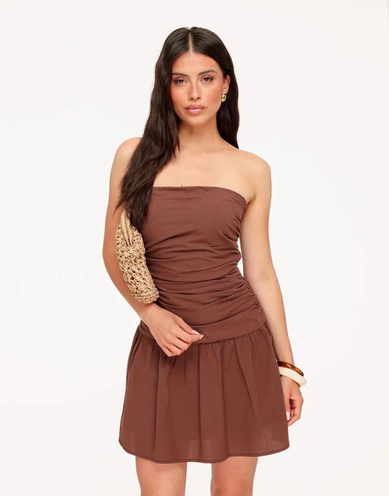 Bruine Katoenen Strapless - Jurk