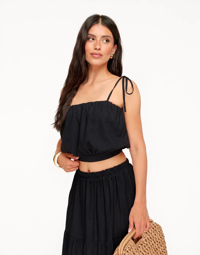 Zwarte Linnen Mouwloze Cropped - Top