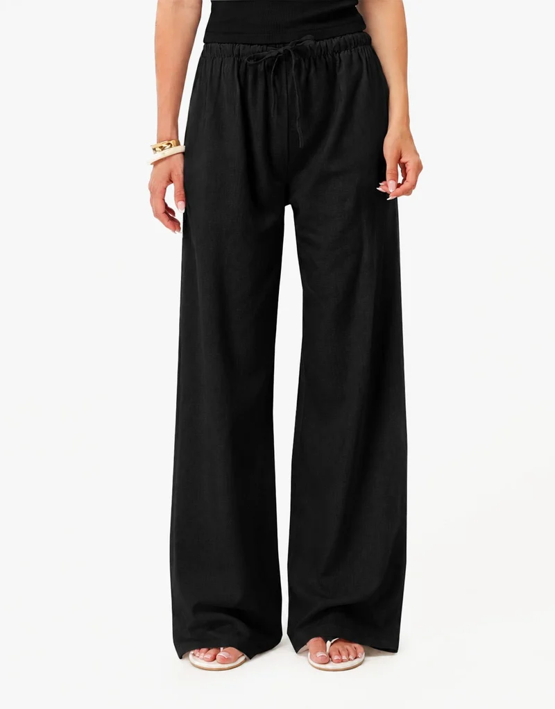 Zwarte Linnen Wijde Elastische Band - Broek