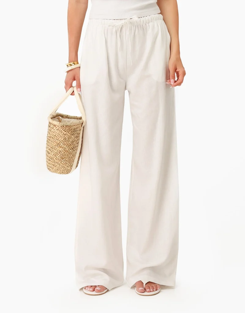 Witte Linnen Wijde Elastische Band - Broek