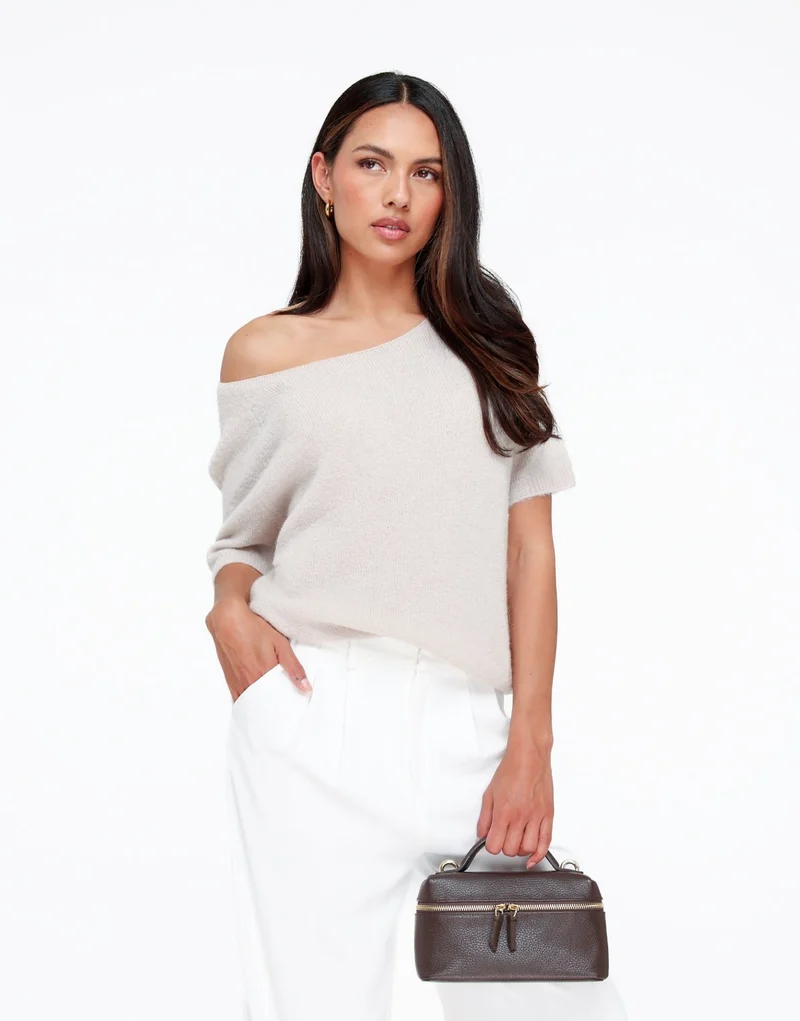 Beige Zachte Off Shoulder SS - Trui