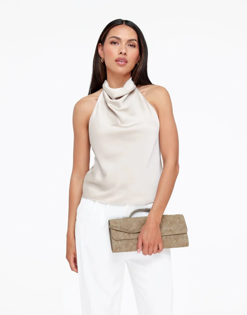 Beige Mouwloze Satijnen Hals - Top