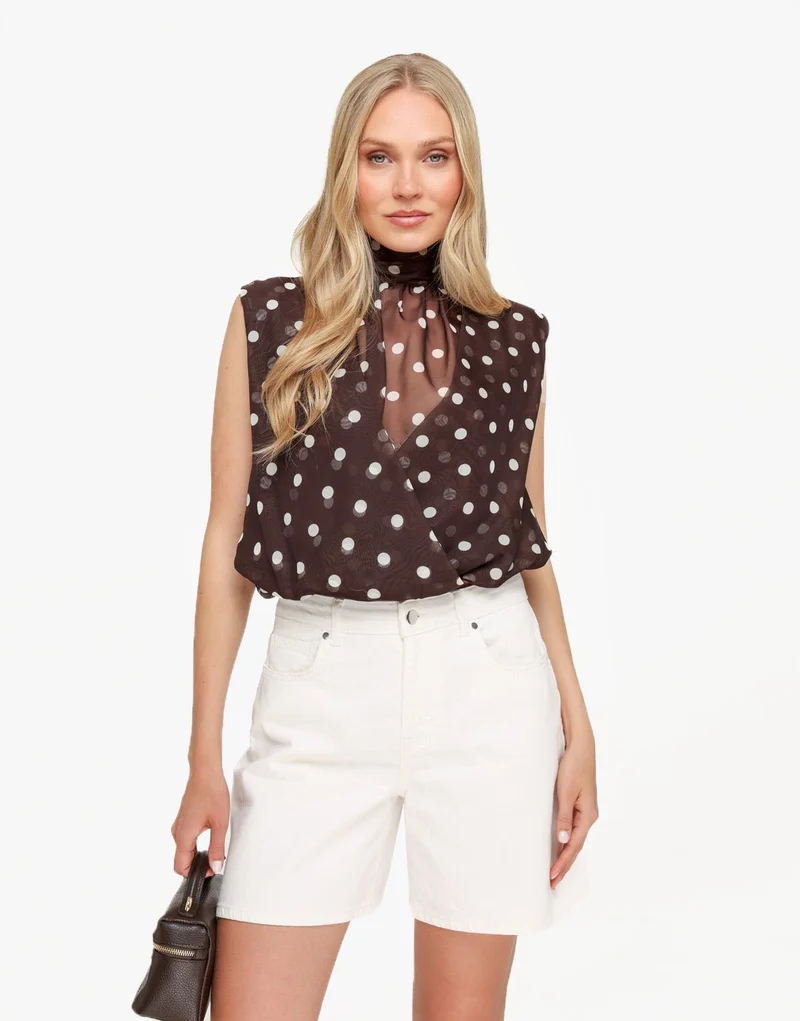 Bruine Hoge Hals Doorzichtige Polkadot - Top