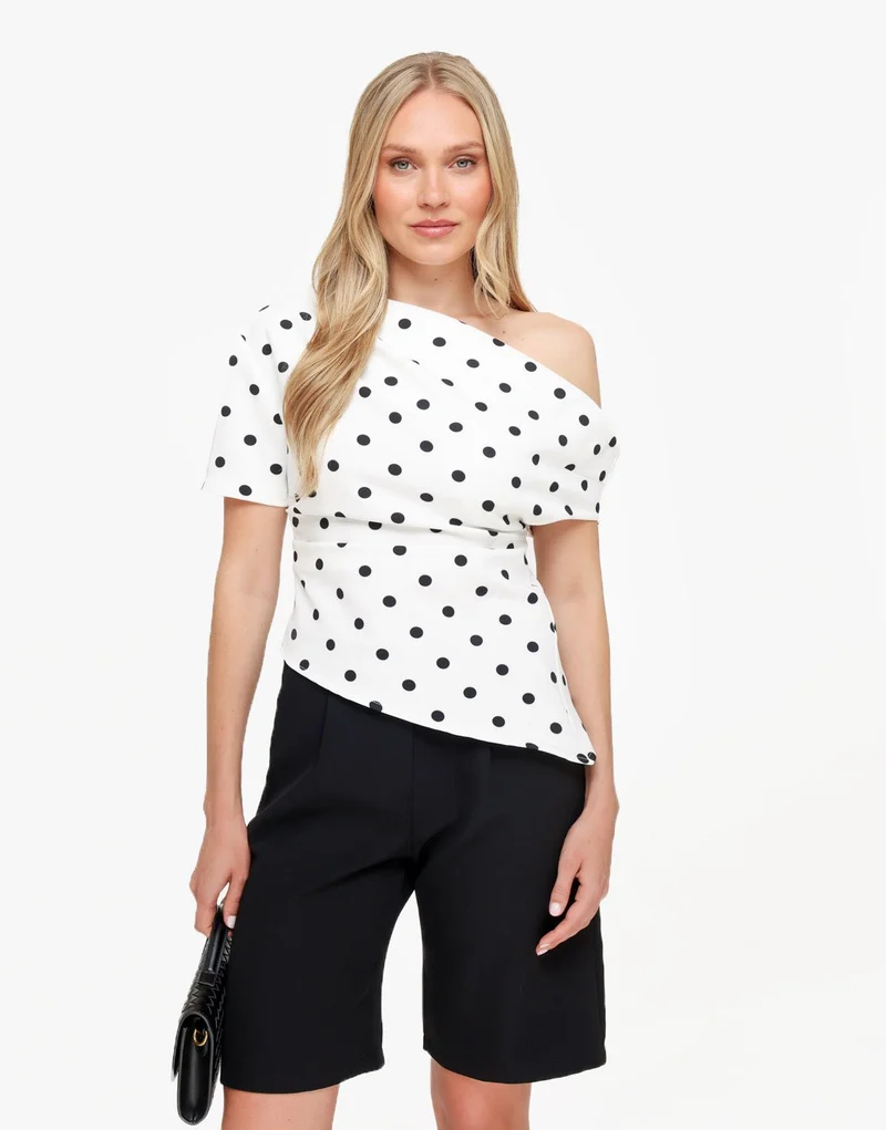 Witte Stippen Gedrapeerde Off Shoulder - Top