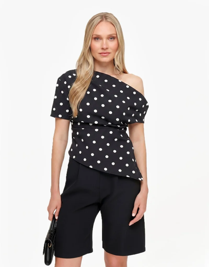 Zwarte Stippen Gedrapeerde Off Shoulder - Top