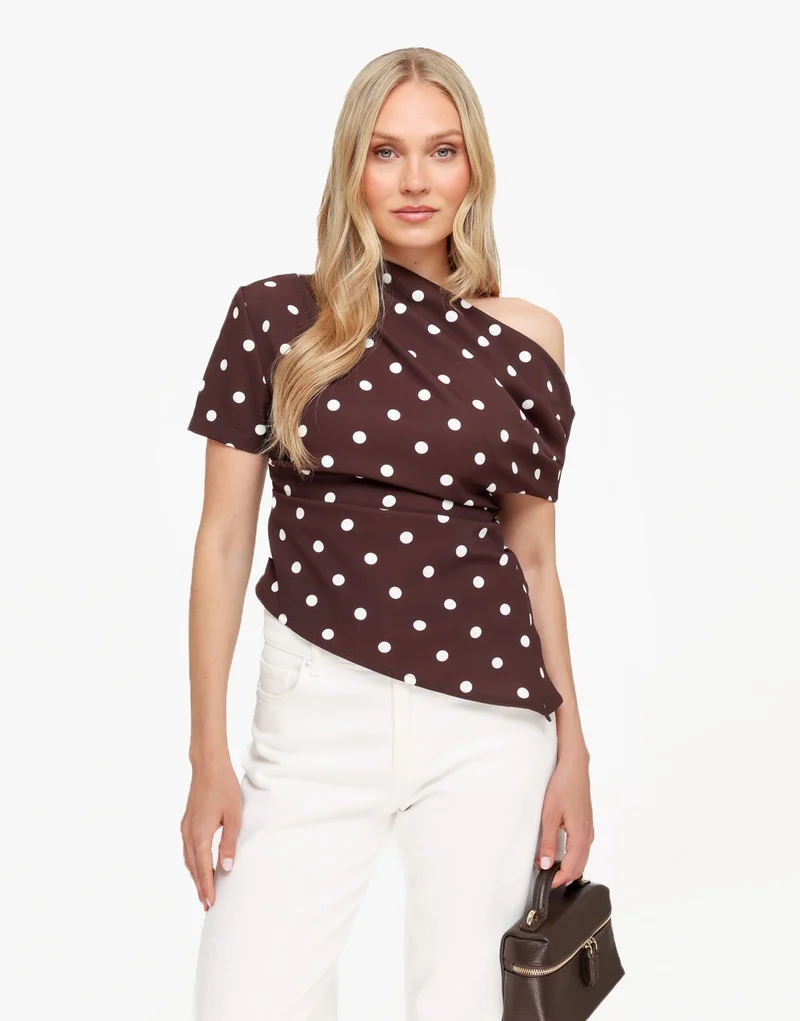 Donkerbruine Stippen Gedrapeerde Off Shoulder - Top