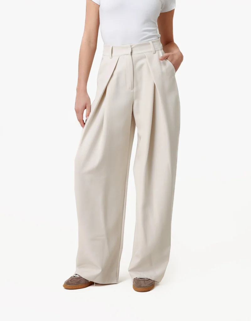 Beige Lange Wijde Ballon Plooien - Pantalon