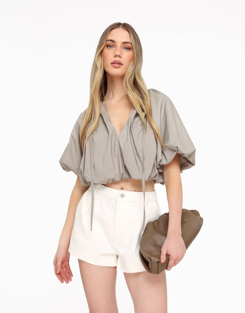 Taupe Cropped Ballon SS - Top
