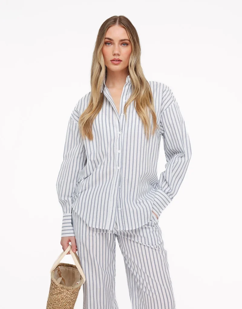 Blauwe Gestreepte Oversized Strass Steentjes - Blouse