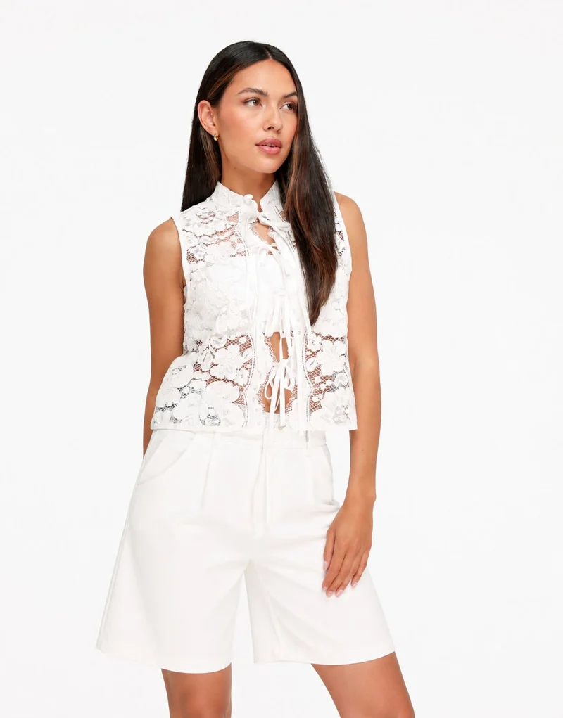 Witte Mouwloze Kanten Strikjes - Top