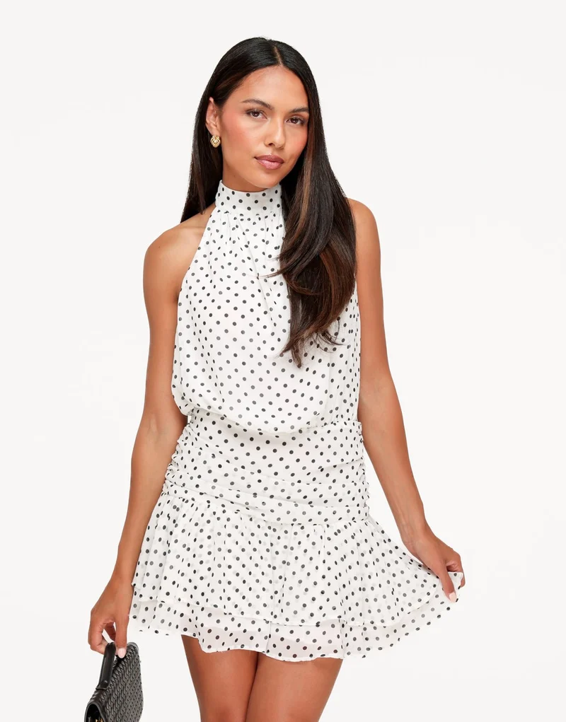 Witte Mini Polkadot Mouwloze Ruffel - Jurk