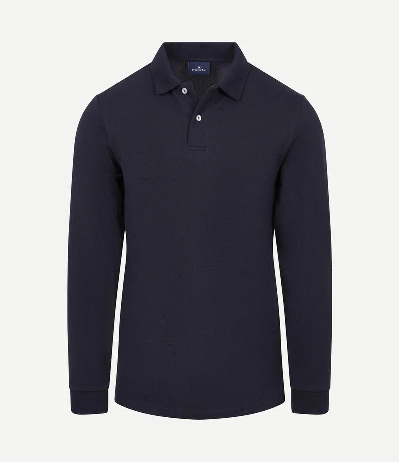 Longsleeve polo piqué classic donkerblauw