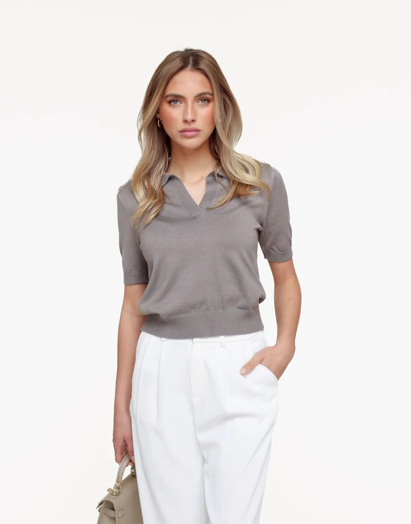 Taupe Gebreide SS Polo - Top