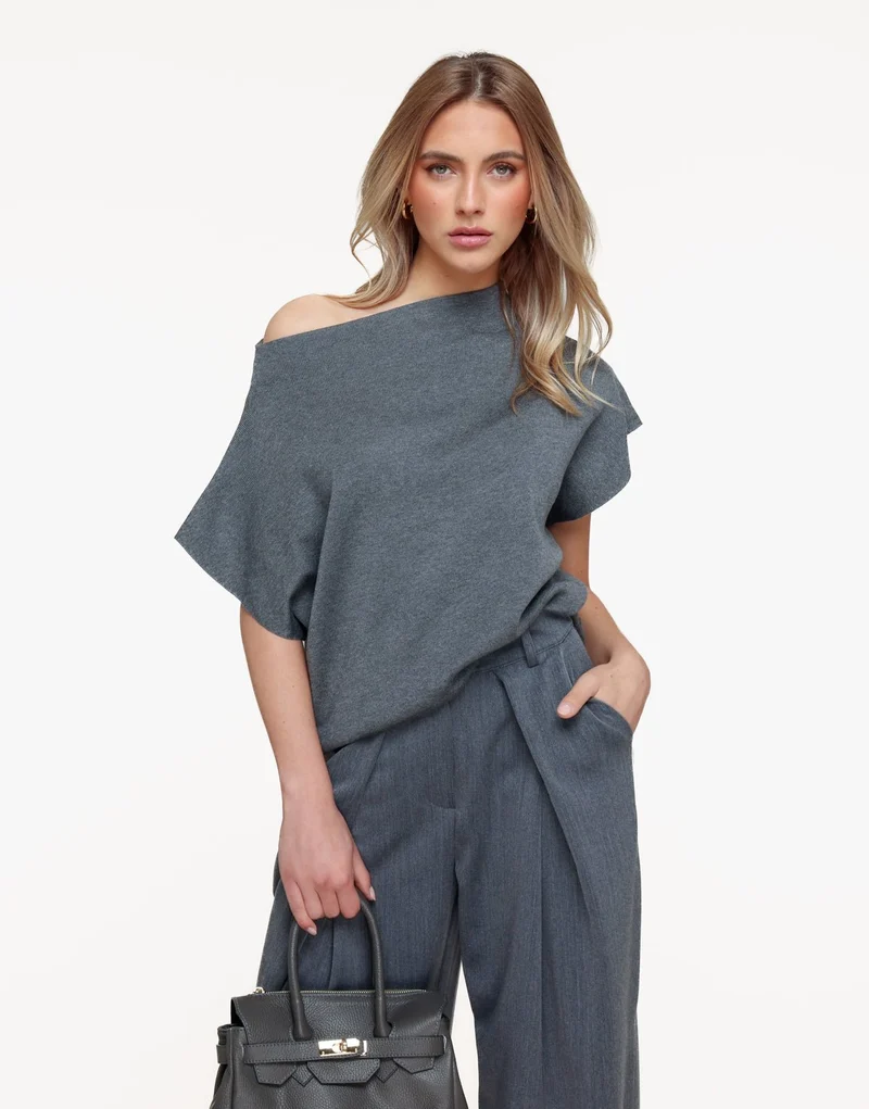 Donkergrijze Gebreide One Shoulder - Top