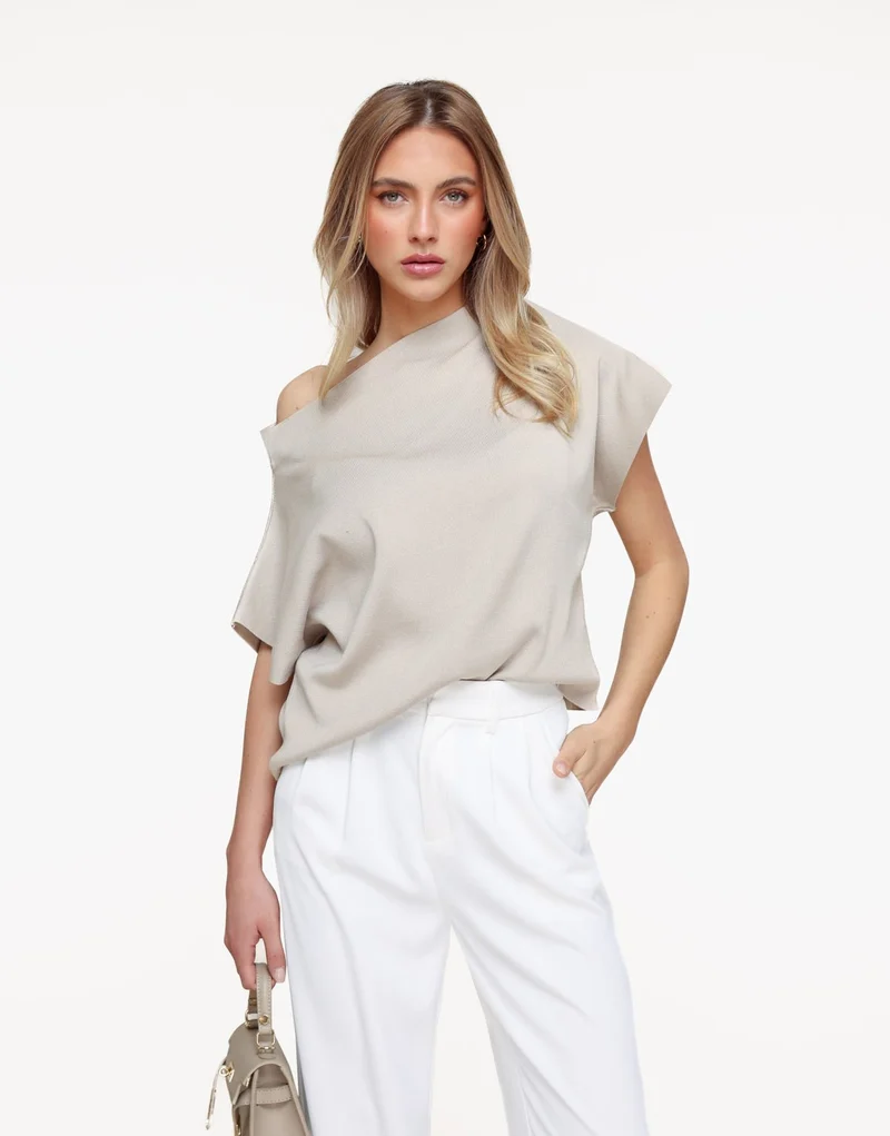 Beige Gebreide One Shoulder - Top