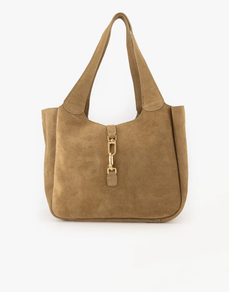 Taupe Suede Gouden Detail Langwerpige - Tas