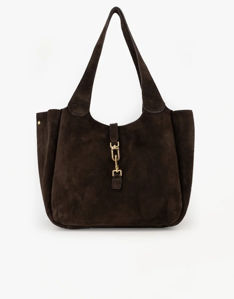 Donkerbruine Suede Gouden Detail Langwerpige - Tas