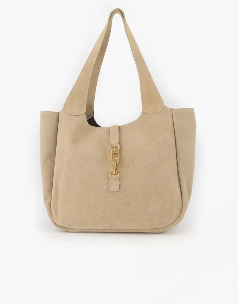 Beige Suede Gouden Detail Langwerpige - Tas