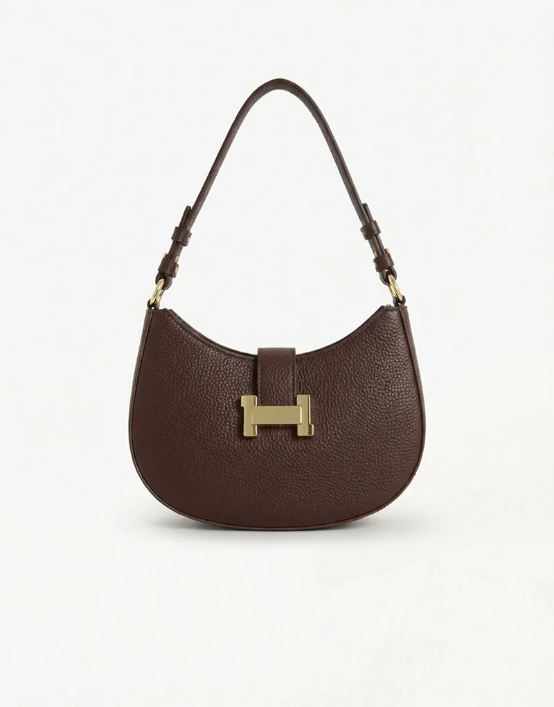 Donkerbuine Ovale Gouden Detail - Handtas
