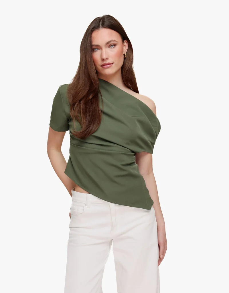 Khaki Gedrapeerde Off Shoulder SS - Top