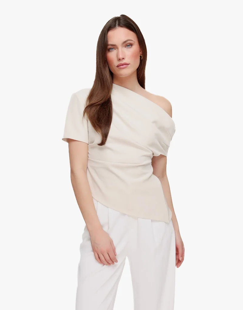Beige Gedrapeerde Off Shoulder SS - Top