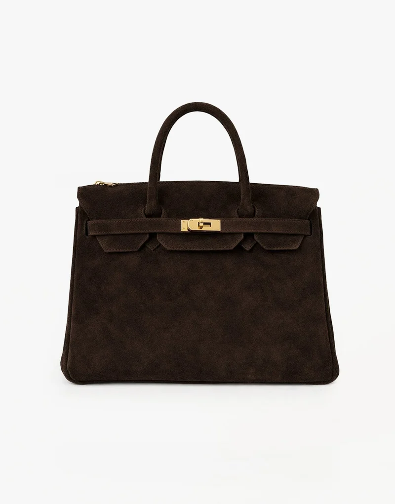 Donkerbruine Grote Suede Gouden Detail - Tas