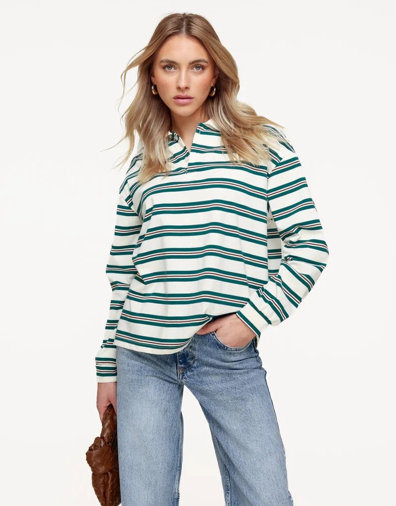 Creme Gestreepte Kraag - T-shirt