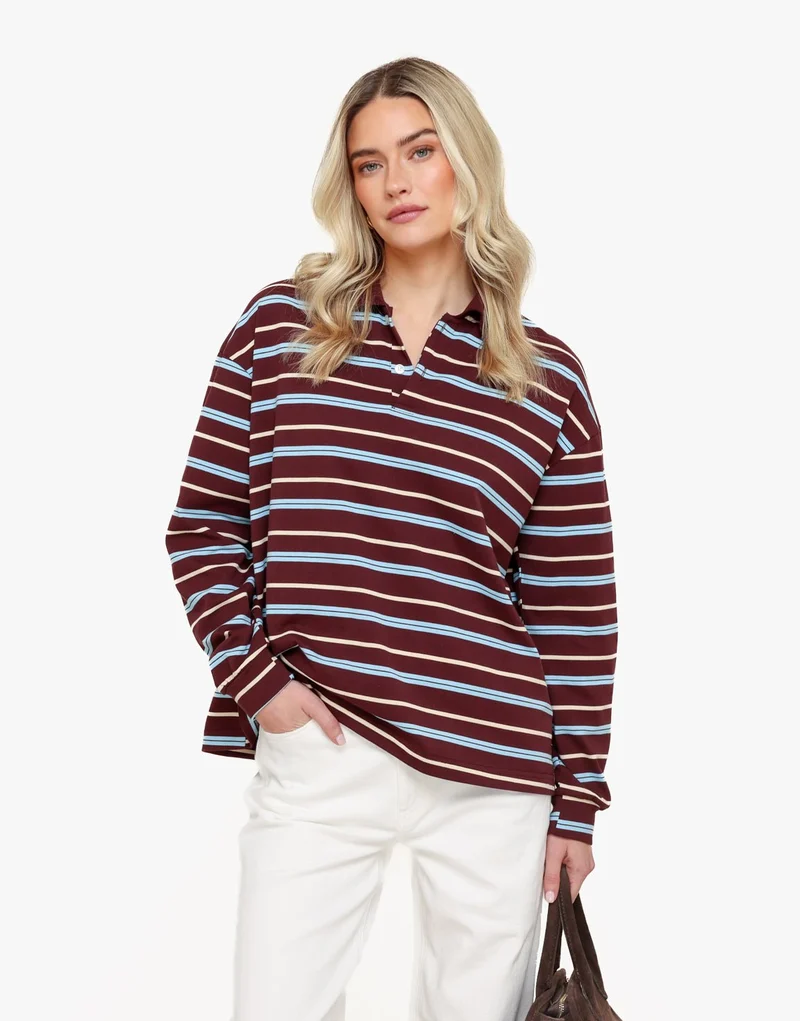 Burgundy Gestreepte Kraag - T-shirt